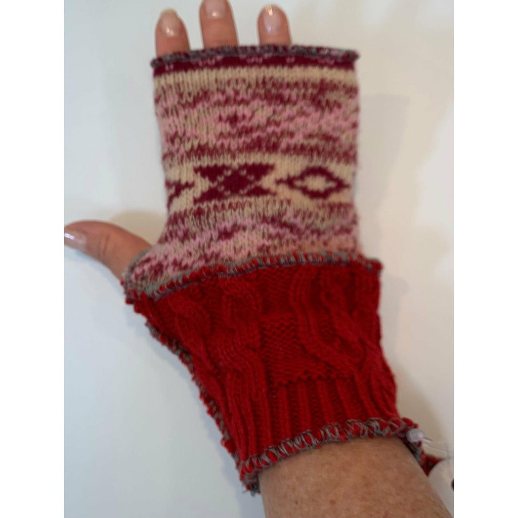 Recycled knit Scandinavian pattern sweater fingerless gloves in reds, pink n white n cables. Wear for fun, school, cashiers, fingers free. - Robin Boutique-Boutique 