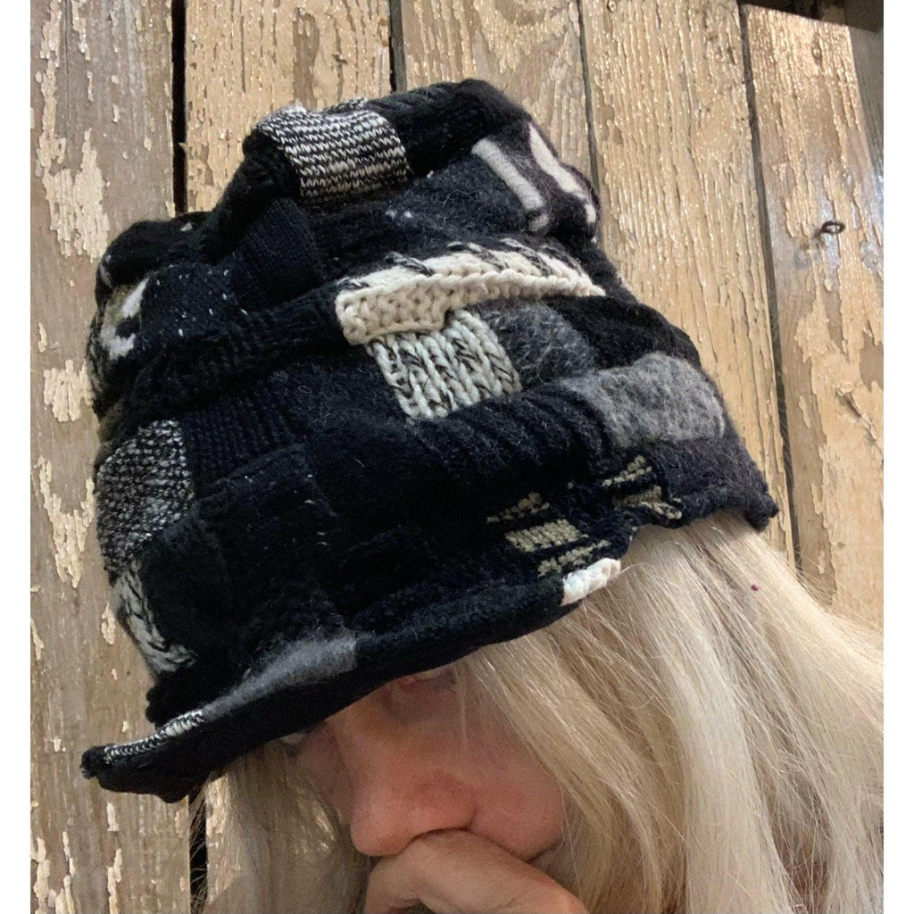 Upcycled patchwork cozy blacks hat. Textures, patterns and shades of black n grays. Black Hat!! Free shipping USA. - Robin Boutique-Boutique 