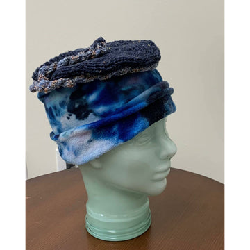 Blue tye dyed soft organic hemp into a slouchy brim warm hat with hand knit top. Free Shipping USA. NO wool. - Robin Boutique-Boutique    &.  Reloved Fabrics