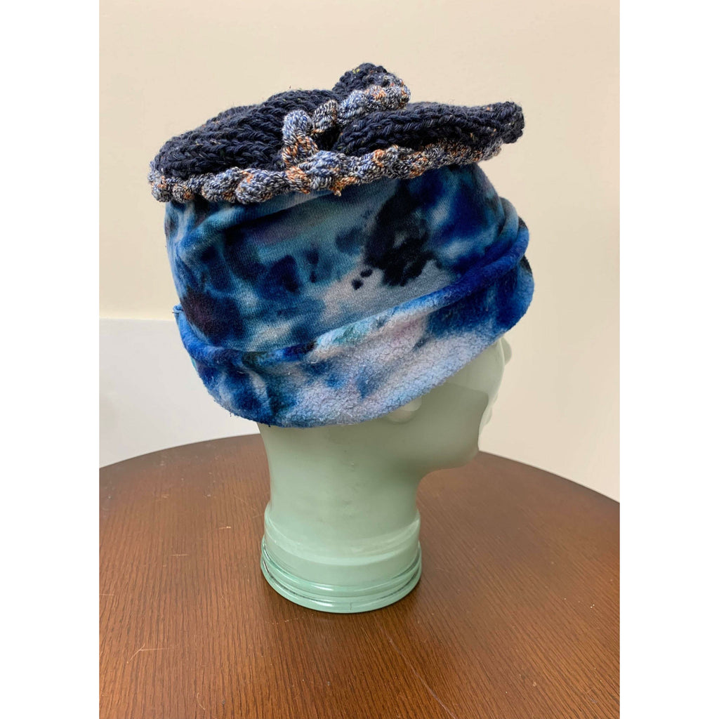 Blue tye dyed soft organic hemp into a slouchy brim warm hat with hand knit top. Free Shipping USA. NO wool. - Robin Boutique-Boutique    &.  Reloved Fabrics
