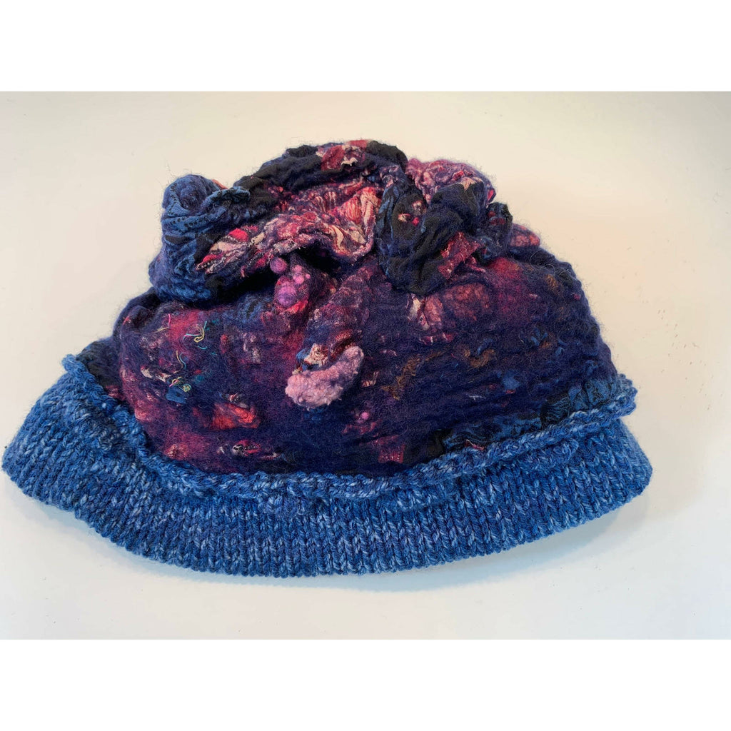 Blue hand-felt lined winter warm blue hat with hand-knit brim. Free Ship USA. - Robin Boutique-Boutique    &.  Reloved Fabrics