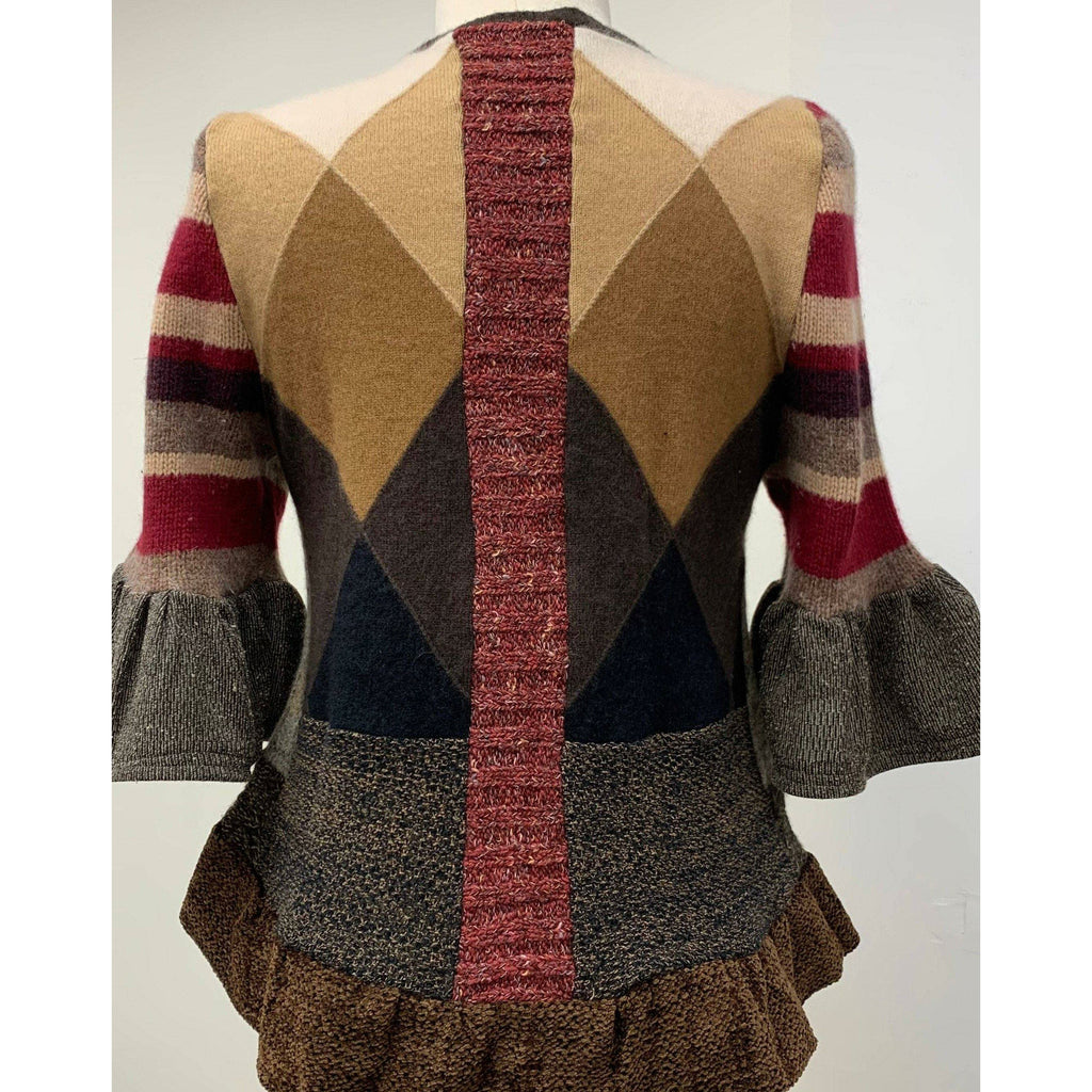 Button front argyle knit cardigan jumper sweater in brown with accents. Wool. Repurposed n new fabrics. Size XSmall, Small to Medium. - Robin Boutique-Boutique    &.  Reloved Fabrics