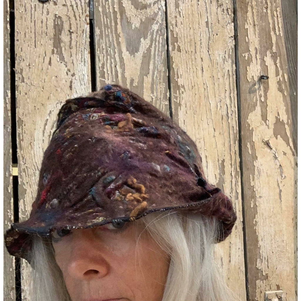 Brown hand-felt free formed hand stitched winter warm hat. Loads of texture.Free Ship USA. - Robin Boutique-Boutique    &.  Reloved Fabrics