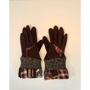 Wonderful brown wool winter gloves with recycled sweater bits, patchwork cuffs n felt details. Toasty gloves stretch to fit. Free Ship USA - Robin Boutique-Boutique 