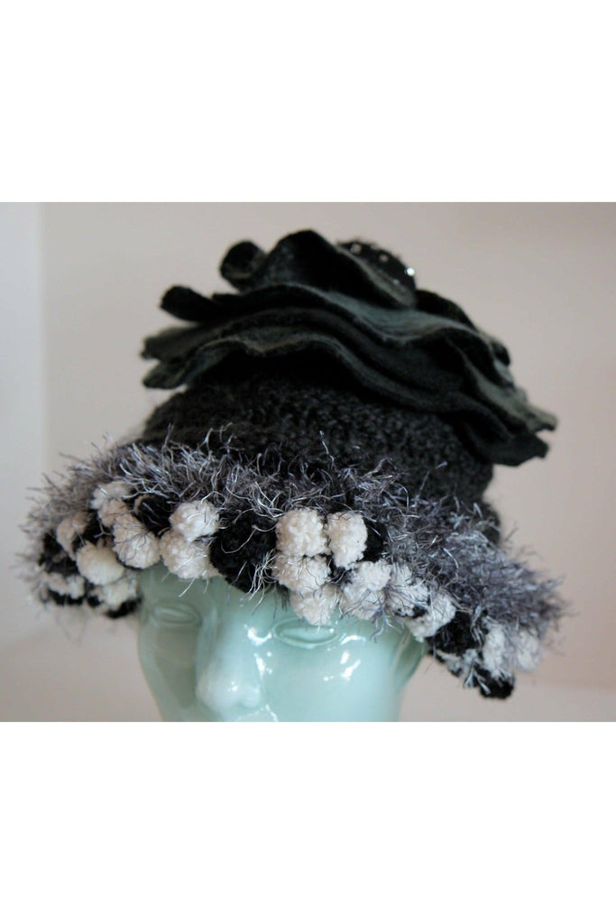 Whimsical black with white and gray hand knit and felt flower hat. - Robin Boutique-Boutique 