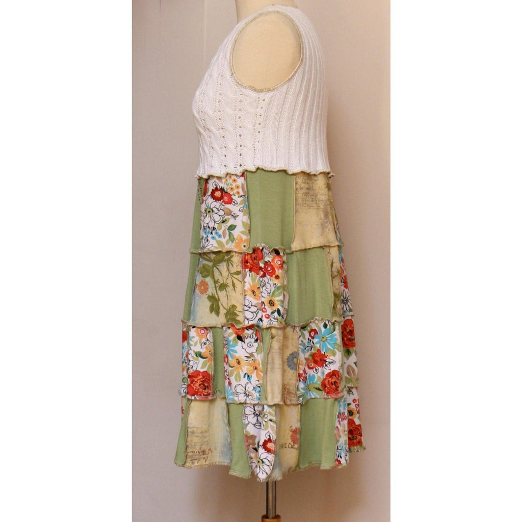 Upcycled cotton sundress in white with floral and green prints - size small to medium. - Robin Boutique-Boutique 