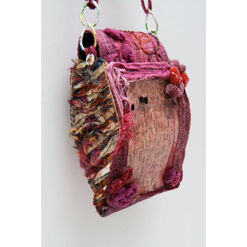 Pink birch bark Handbag purse  or wall hanger with fiber accents. Shoulder or cross body.