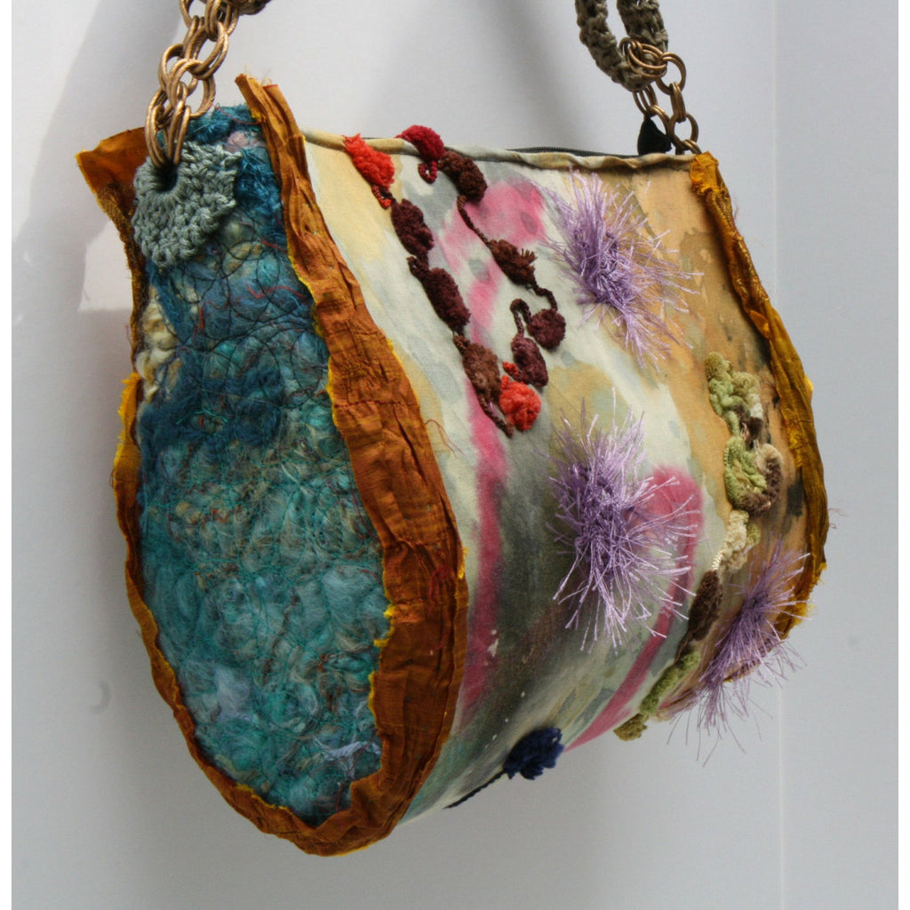 Hand painted sculptural stumpwork embroidery shoulder handbag purse with crochet accents - RelovedFabrics,Handbag - accessories, [product-vendor] - Robin, [shop-name] - robin.boutique