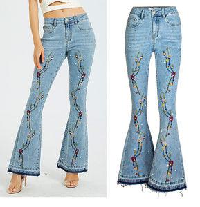 Front Embroidered Bell Bottom Stretch denim jeans - Robin Boutique-Boutique 
