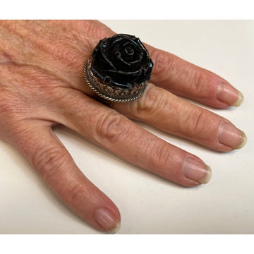 Black Rose and Silver Adjustable Ornate Ring - Robin Boutique-Boutique 