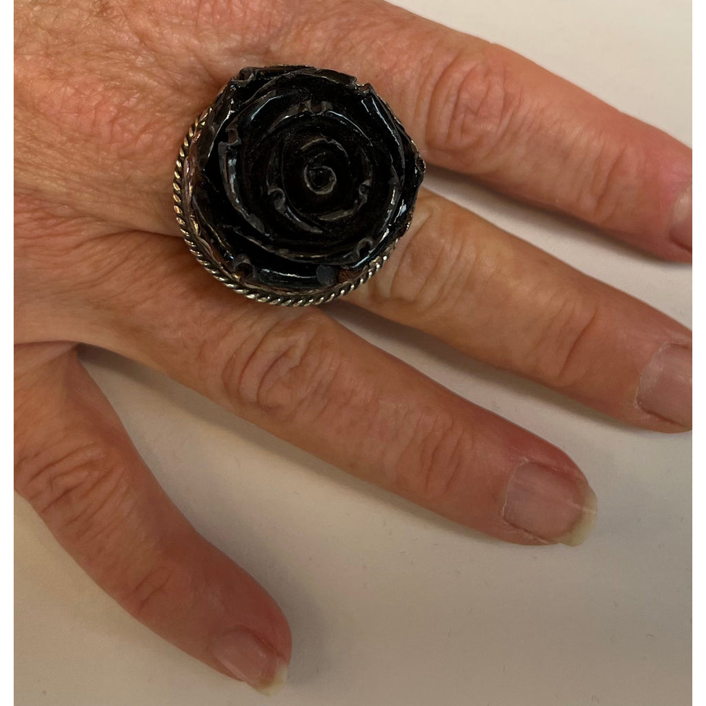 Black Rose and Silver Adjustable Ornate Ring - Robin Boutique-Boutique 