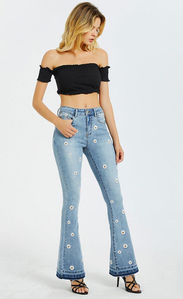 Daisy Embroidered Bell Bottom Stretch denim jeans - Robin Boutique-Boutique 