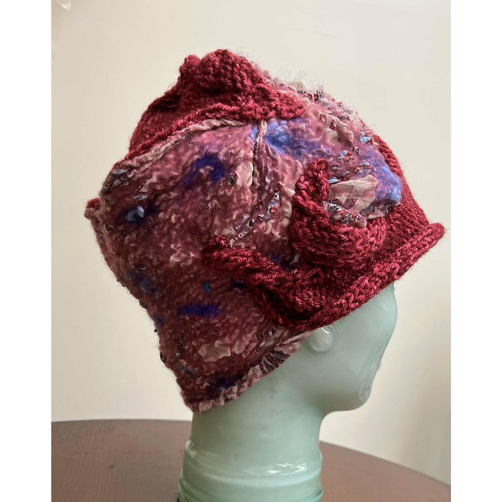 Pinks in petal to cranberry hand-felt and knit free formed hand stitched winter warm hat. Loads of texture - Robin Boutique-Boutique 