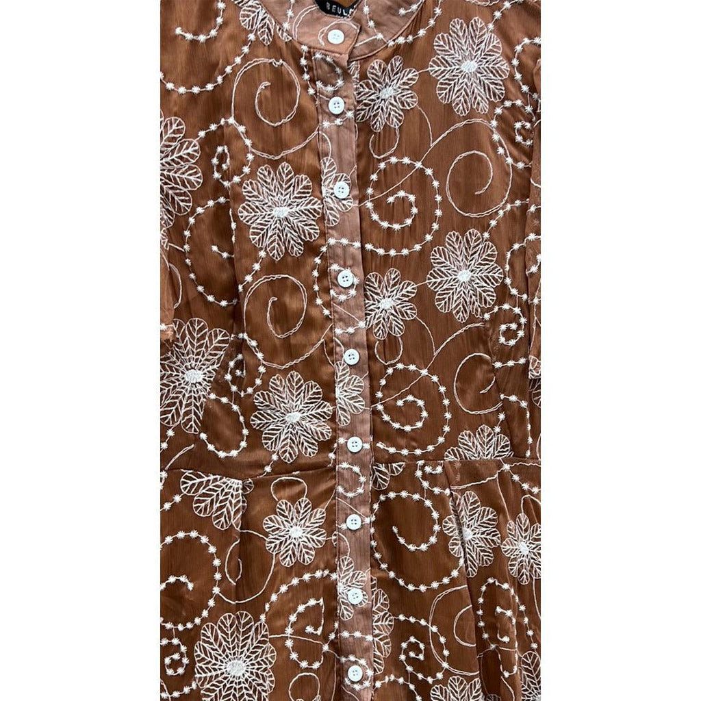 Embroidered summer short dress in brown and white by Beulah - Robin Boutique-Boutique 