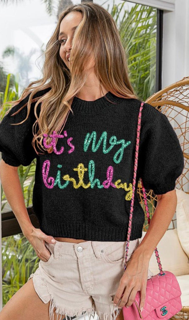 BiBi "Be Happy " Metallic Letter Short Sleeve Sweater Top IP6625-23 - Robin Boutique-Boutique 