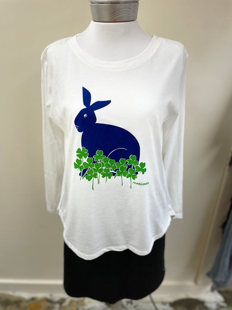 Blue Bunny Shamrock on High-Lo Long Sleeve Tee Shirt - Robin Boutique-Boutique 