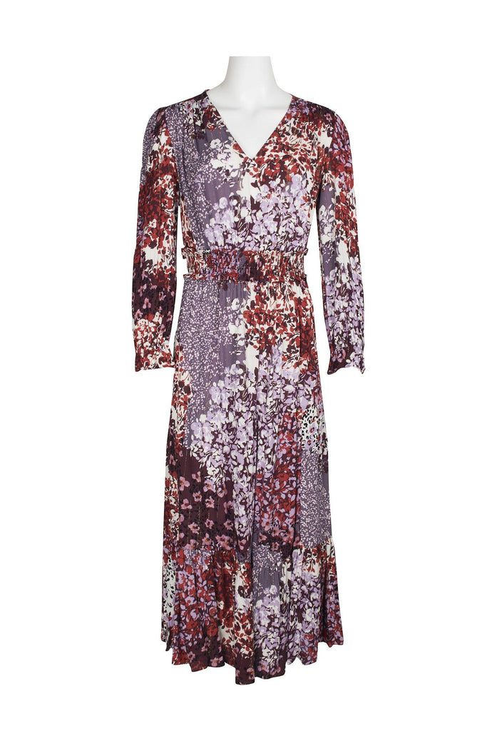 London Times V-Neck Long Sleeve Multi Floral Lilac Midi Dress - Robin Boutique-Boutique 