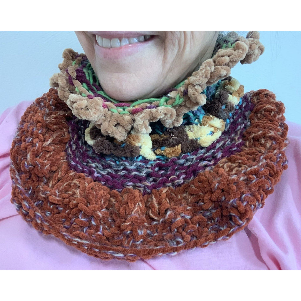 1. knit by hand neck warmer scarf in many stitiches and yarns with turquoise accent